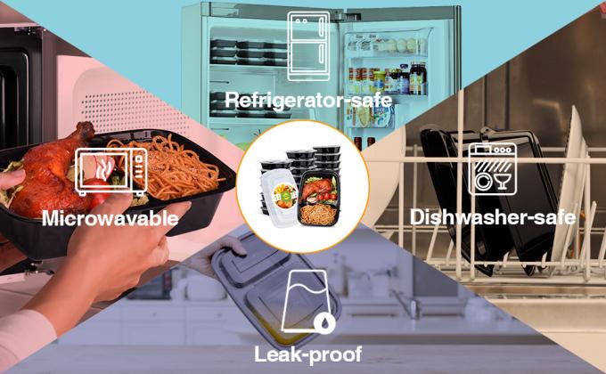 Контейнеры для приготовления пищи многоразовые, 2 отсека Контейнеры для пищи с крышками для использования Контейнеры, черные пластиковые контейнеры 2