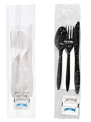 Индивидуально упакованные пластиковые столовые принадлежности с салфеткой + пакеты с солью и перцем в белом цвете (250 штук) предварительно упакованы 0