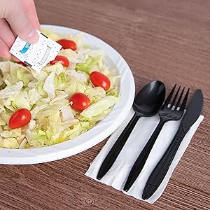 Индивидуально упакованные пластиковые столовые принадлежности с салфеткой + пакеты с солью и перцем в белом цвете (250 штук) предварительно упакованы 2