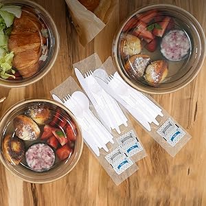 Индивидуально упакованные пластиковые столовые принадлежности с салфеткой + пакеты с солью и перцем в белом цвете (250 штук) предварительно упакованы 3