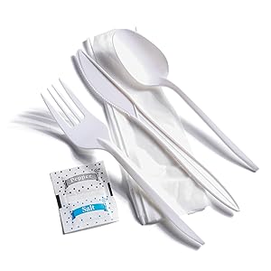 Индивидуально упакованные пластиковые столовые принадлежности с салфеткой + пакеты с солью и перцем в белом цвете (250 штук) предварительно упакованы 4