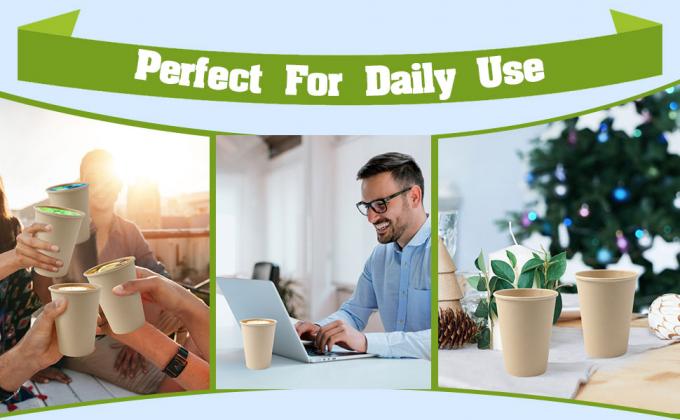 Бумажные чашки из бамбуковых волокон 12 унций для горячих напитков - одноразовые чашки для кофе - неотбеленные горячие чашки - для повседневного использования 3