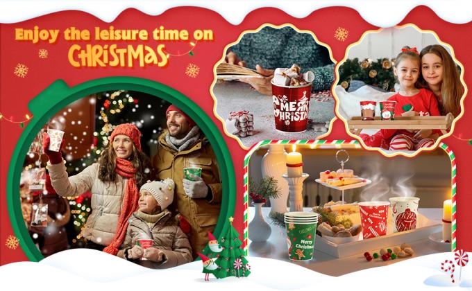 Рождественские бумажные кофейные чашки с рукавами крышки 12 унций рождественские одноразовые кубки для вечеринок Рождественская елка горячие чашки с какао 4