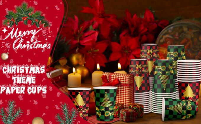 12 унций рождественские бумажные чашки одноразовые чашки для кофе, красные зеленые чашки для кофе Рождественские праздничные принадлежности 1