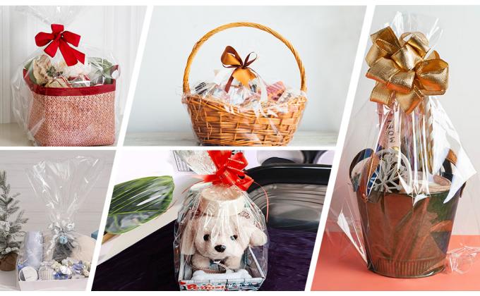 Целлофанная обертка для подарочных корзин, Opp пластиковые подарковые сумки с красными луками Лента обертка для корзин и подарков 4