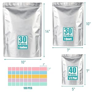 Мешки Mylar для хранения пищи с кислородопоглощающими устройствами и этикетками толщиной 10 миллиметров 3 размера (1 галлон, 1 литр, 1/2 пинта) 2