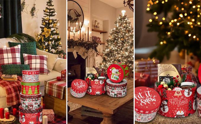 Рождественские подарочные коробки с крышками для подарков Круглые подарочные коробки с крышками набор из 4 гнездования Рождественские коробки для цветов 3