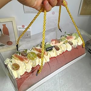 Clear Roll Cake Boxes With Gold Rope Handle & Cake Boards, Homemade & Bakery Transparent Plastic Gift Boxes，Easy Carrying, Storage Containers For Slice Cake, Christmas Rectangular Transparent Cake Box 6