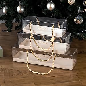 Clear Roll Cake Boxes With Gold Rope Handle & Cake Boards, Homemade & Bakery Transparent Plastic Gift Boxes，Easy Carrying, Storage Containers For Slice Cake, Christmas Rectangular Transparent Cake Box 9